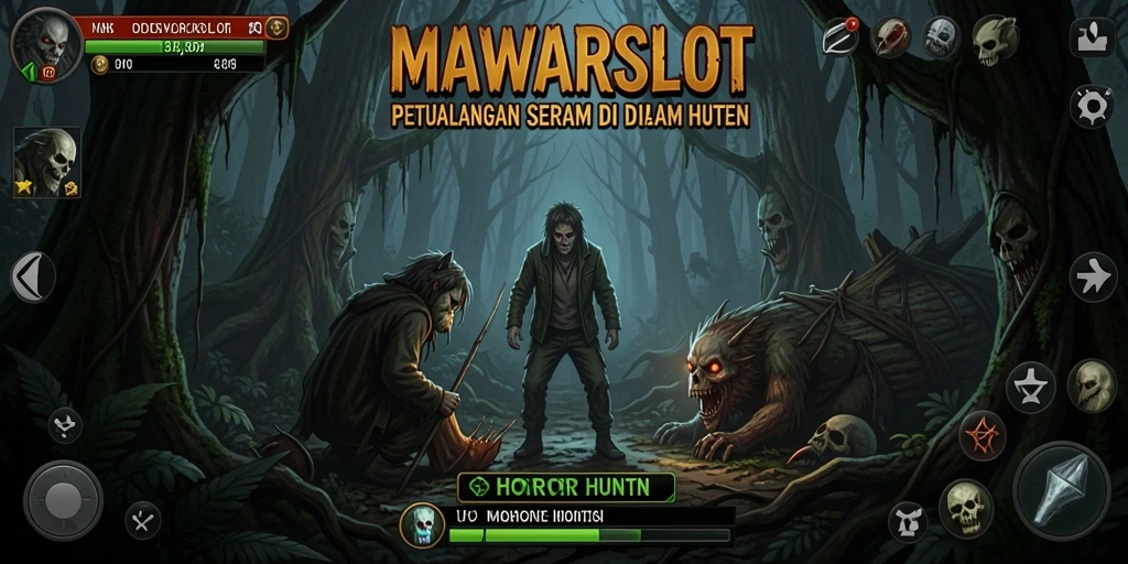 Antarmuka menarik dengan suasana horor hutan yang mencekam.